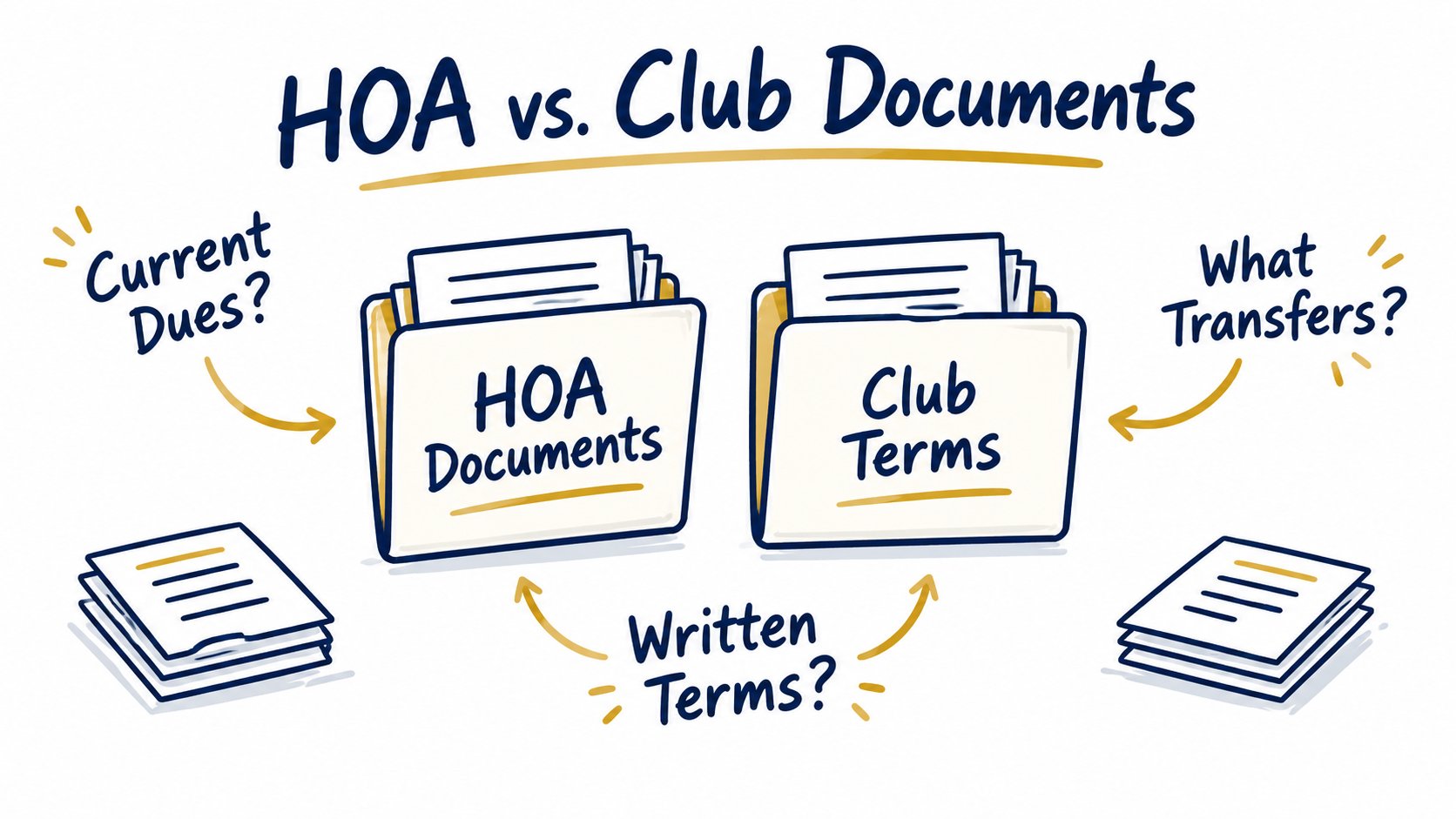 HOA documents and club terms folders with questions about dues and transfers.
