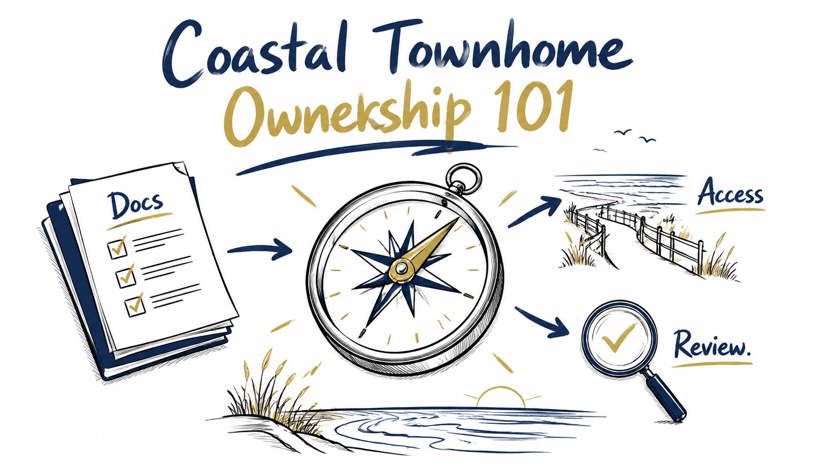 Whiteboard illustration of coastal townhome ownership documents, a compass, shoreline, and review symbols.