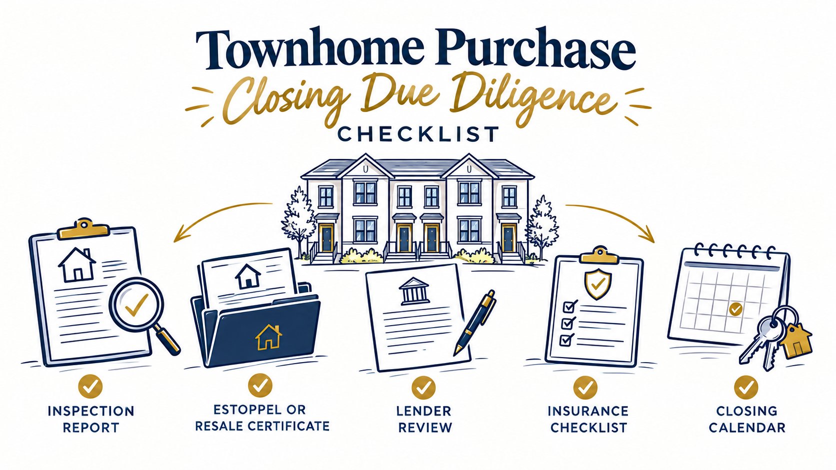Whiteboard checklist with inspection, resale certificate, lender review, insurance, and closing documents.