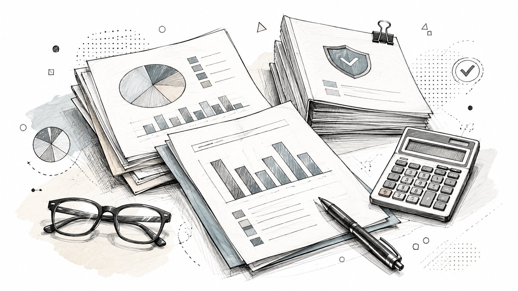 Association document review desk with calculator