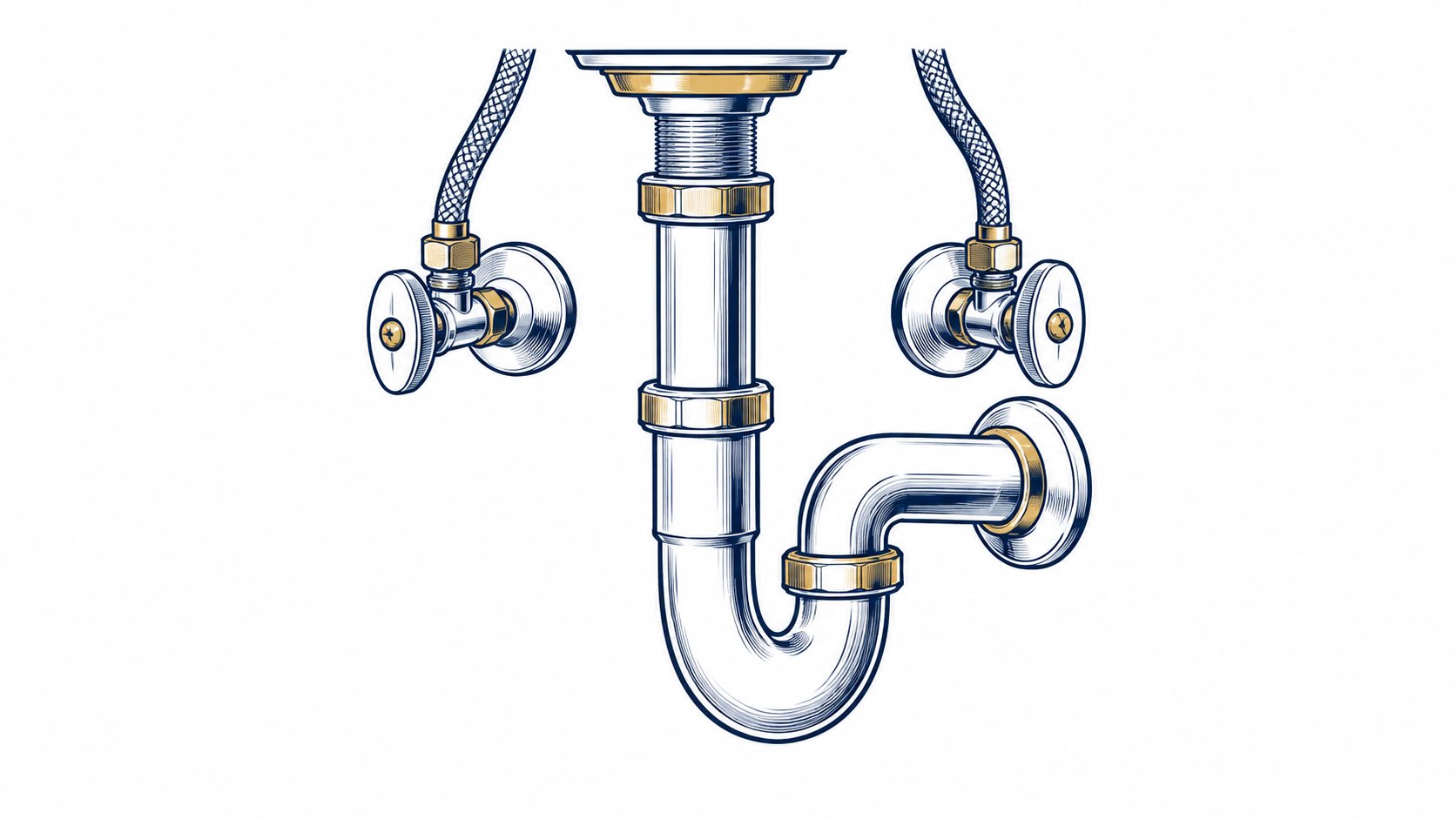 Illustrated sink drain trap and two water-supply shutoff valves.