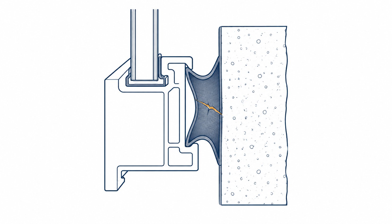 Whiteboard cutaway of a cracked seal between a window frame and wall joint.