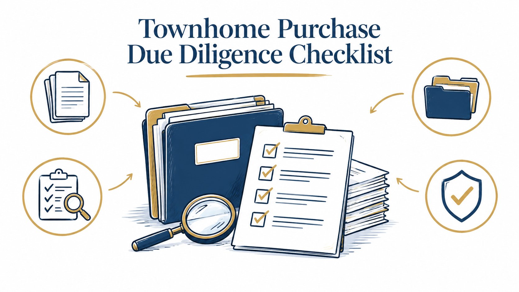 Whiteboard checklist with document folders and inspection symbols for townhome due diligence.
