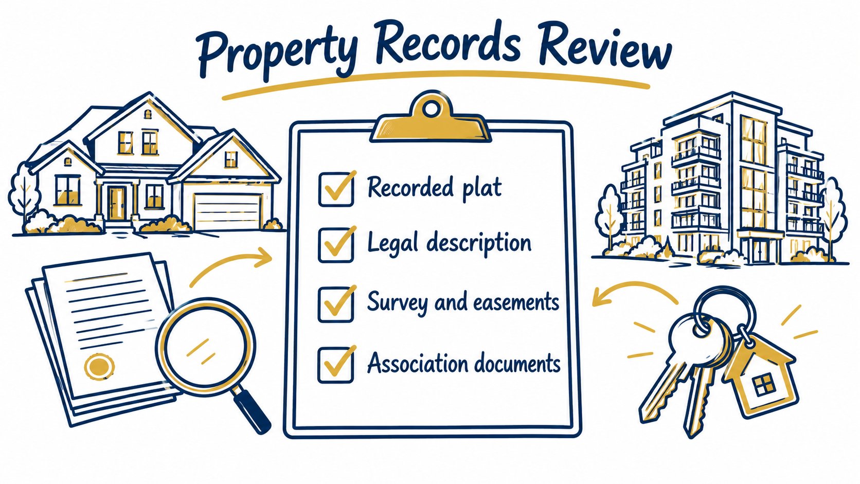 Illustrated property-records checklist with a clipboard, documents, magnifying glass and generic building symbols.