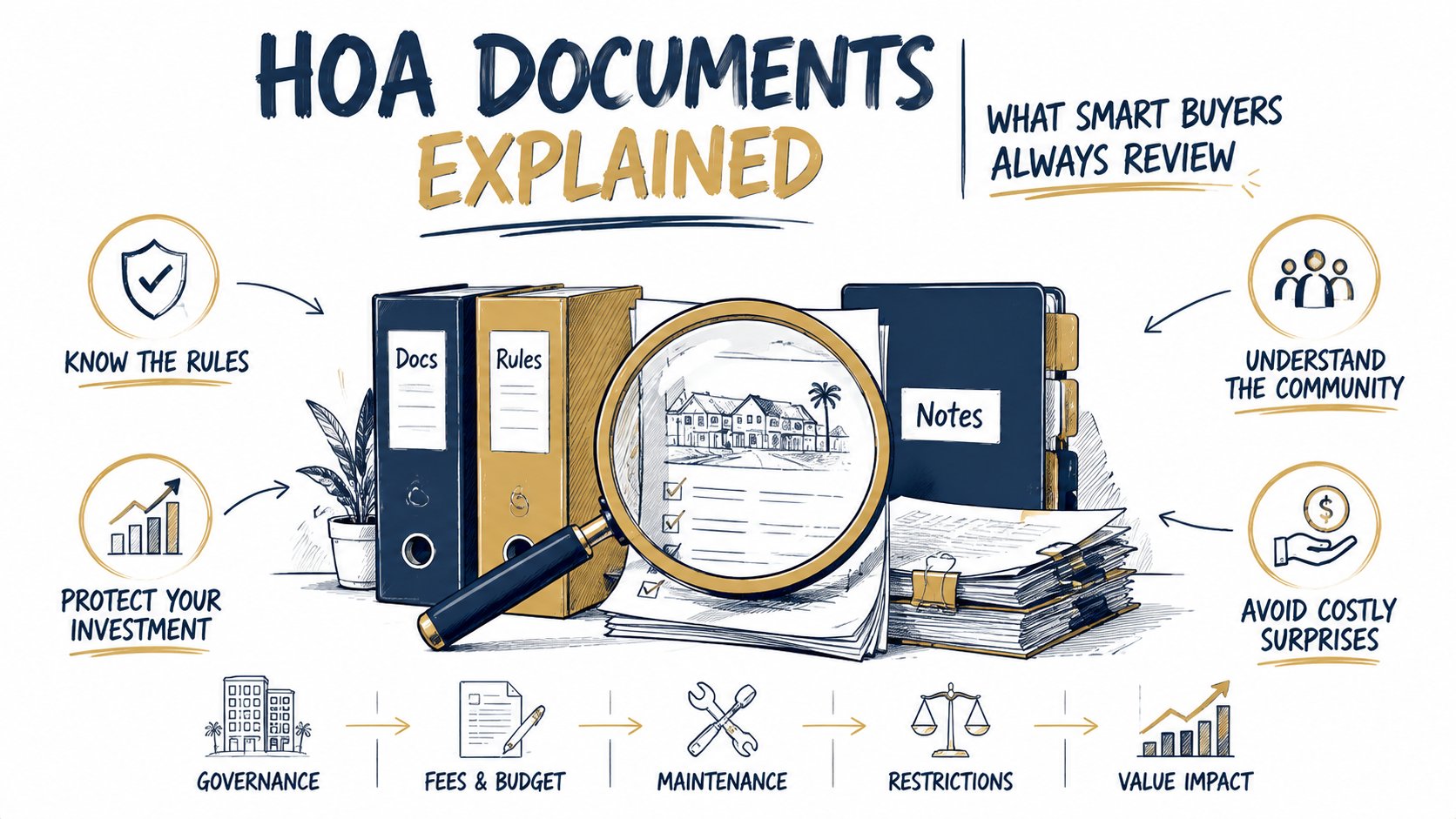 Whiteboard illustration of association documents, folders, a magnifying glass, and governance symbols.