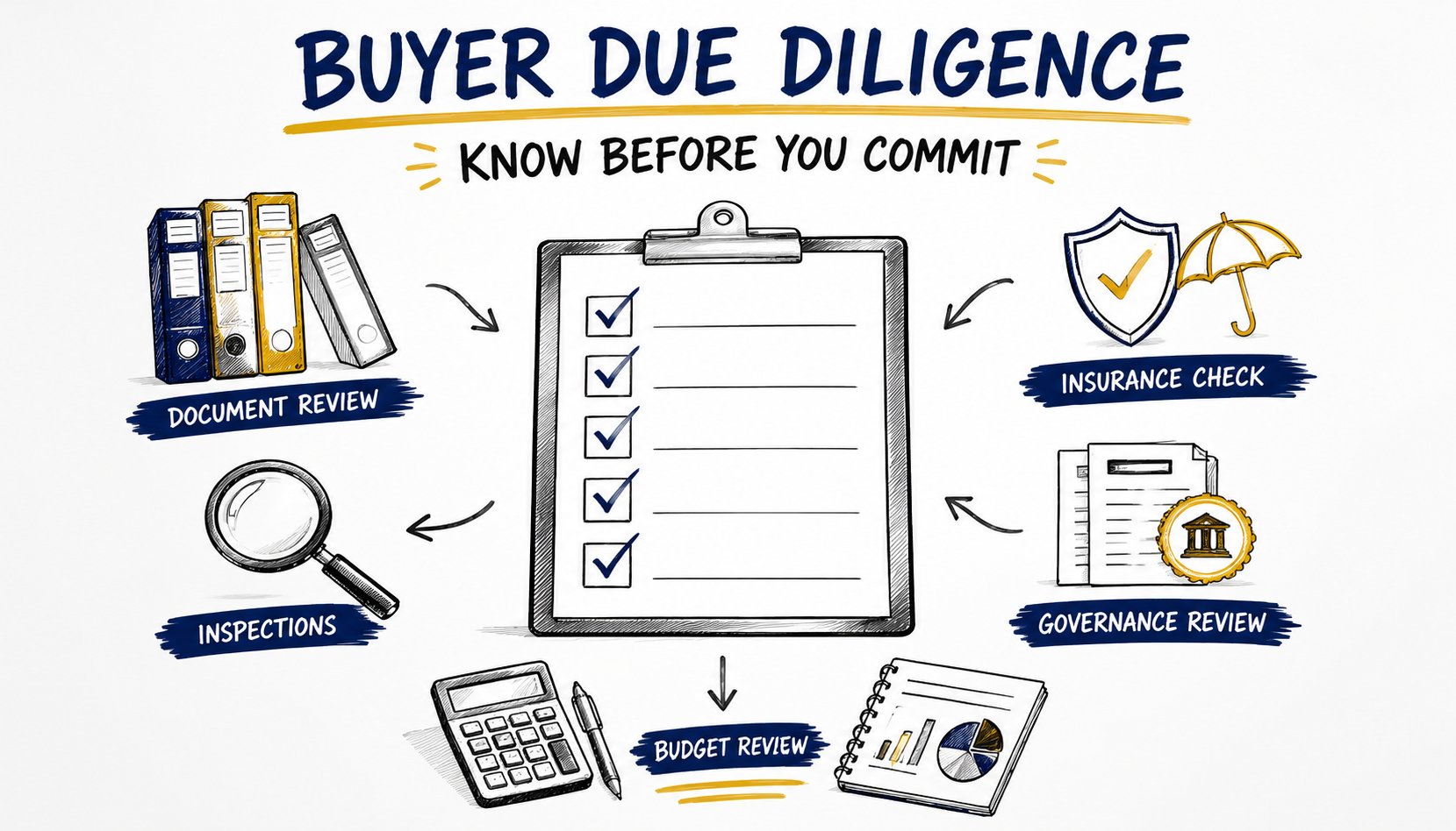 Whiteboard illustration of buyer due diligence with a checklist, document folders, inspection, insurance, governance, and budget symbols.