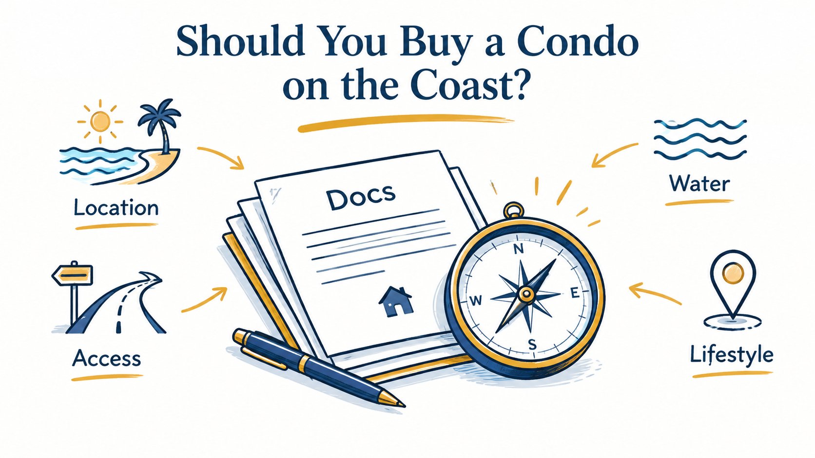 Whiteboard illustration of condo documents, a compass, coastal symbols, access, and location review.