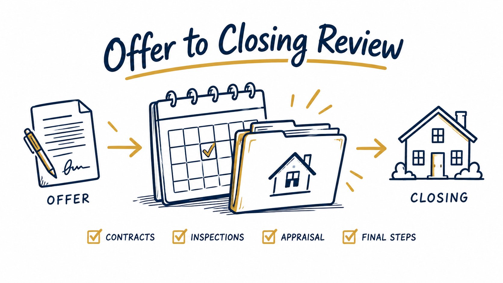 Whiteboard offer-to-closing sequence with a contract, calendar, folder and generic house symbol.