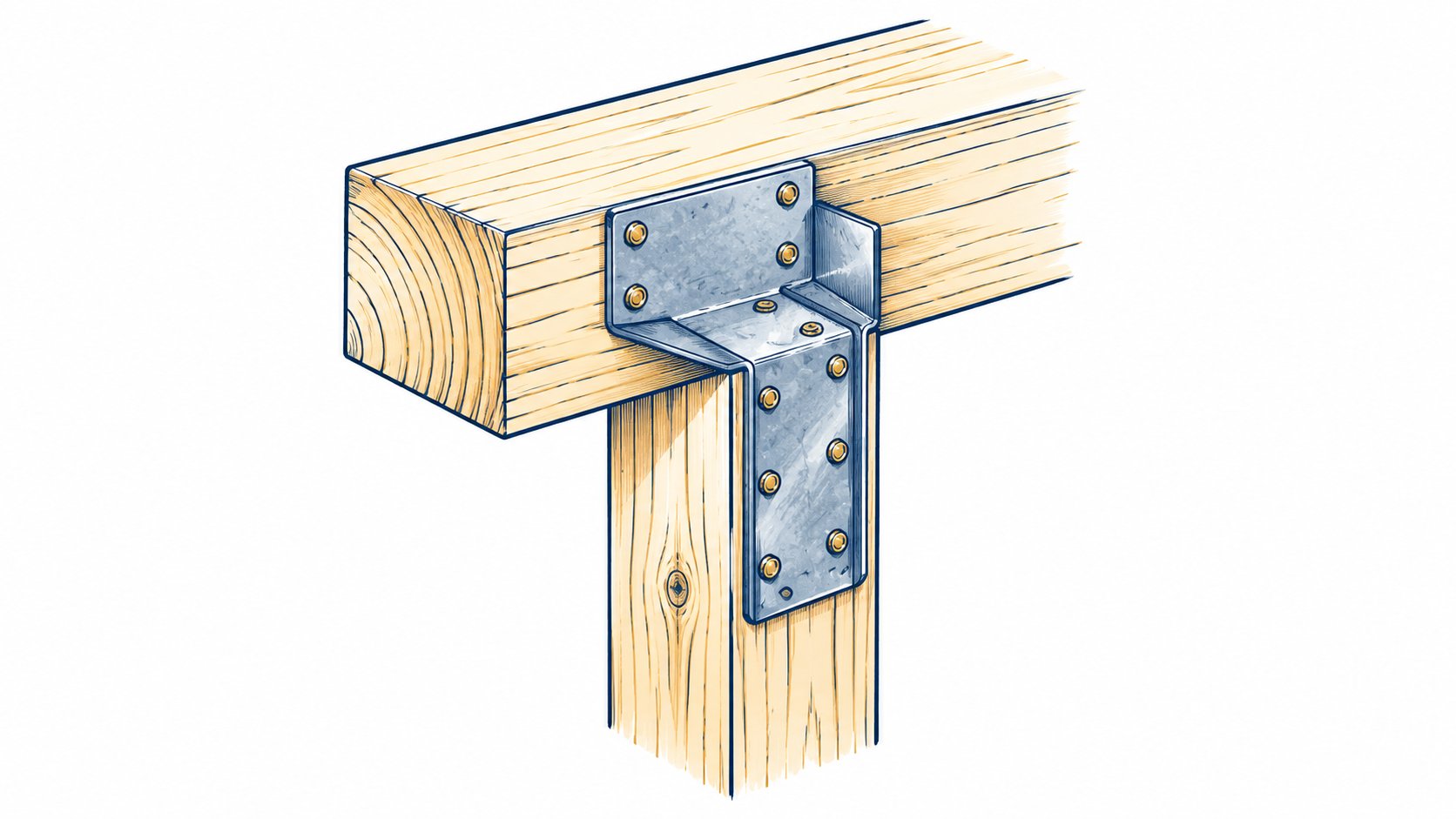 Metal connector joining two illustrated timber pieces