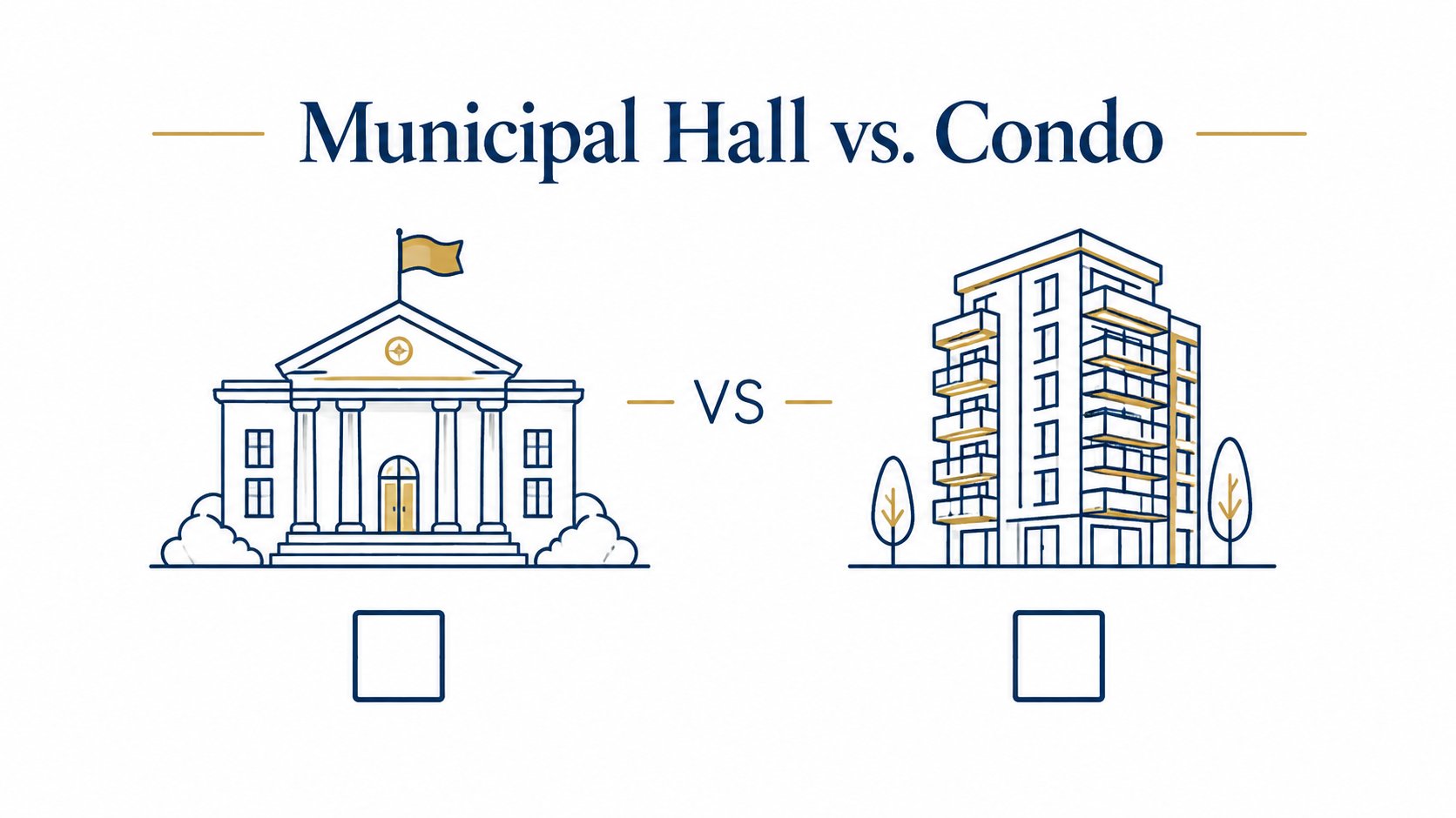Illustrated municipal building and condominium, each above an empty checkbox.