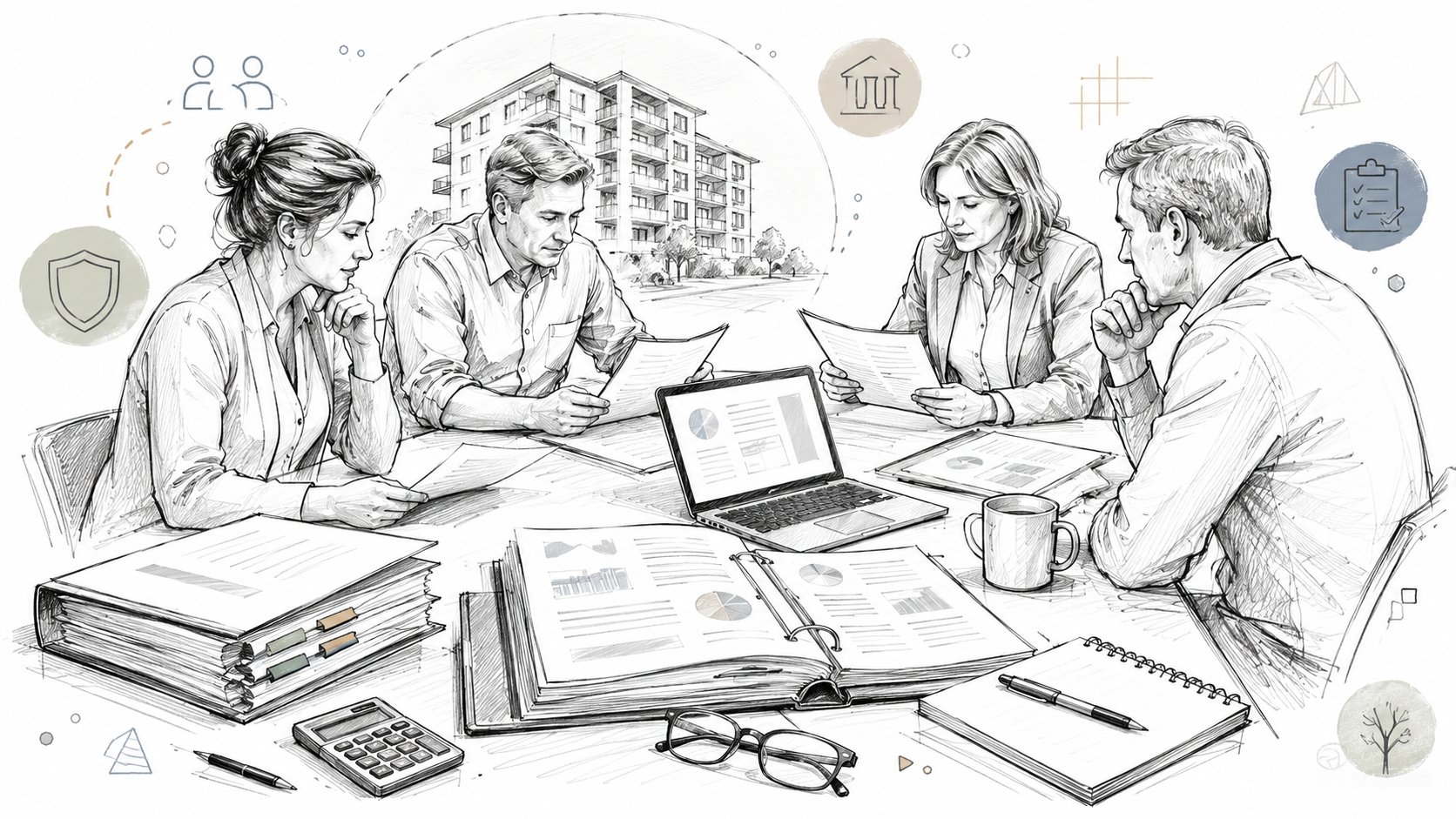 Association records review desk with neutral documents