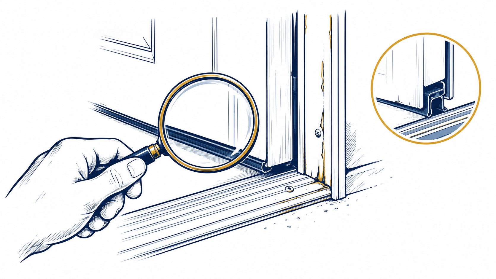 Illustrated magnifying glass examining a door threshold and weather seal.