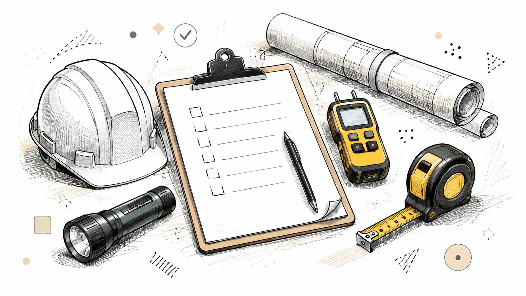 Building inspection planning tools on a desk