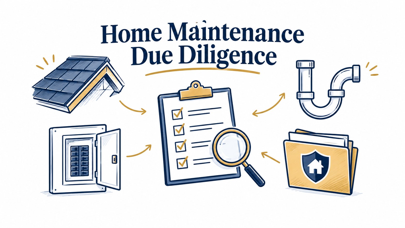 Whiteboard inspection checklist with roof, electrical, plumbing, and insurance symbols.