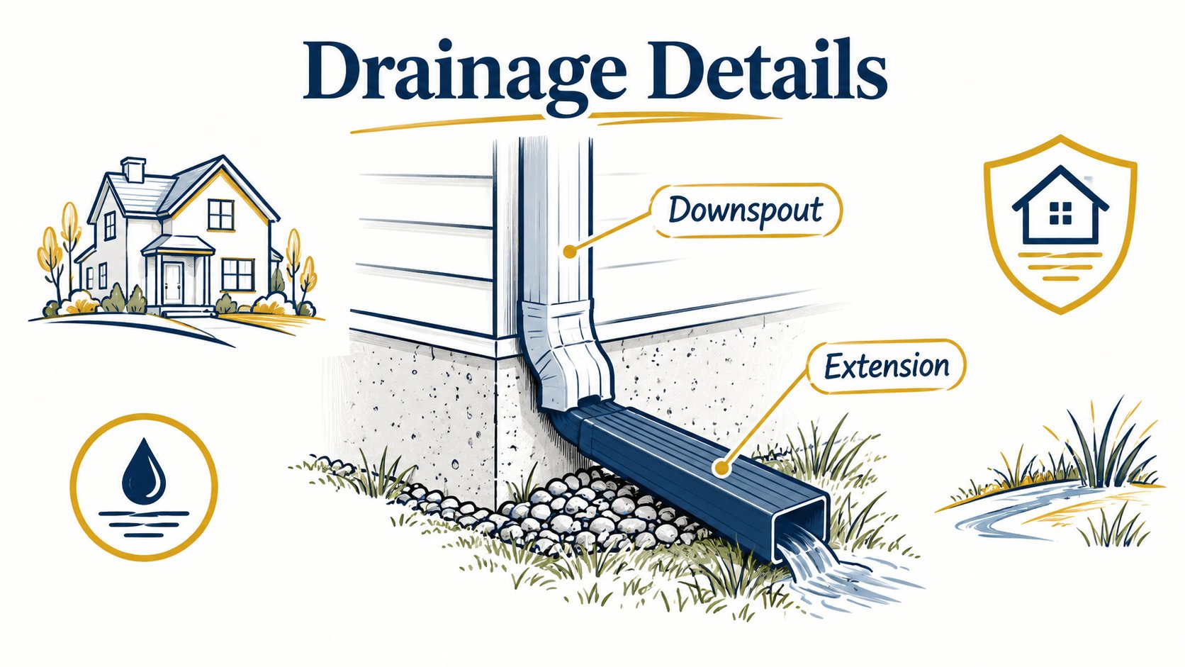 Whiteboard diagram of a downspout extension beside a foundation