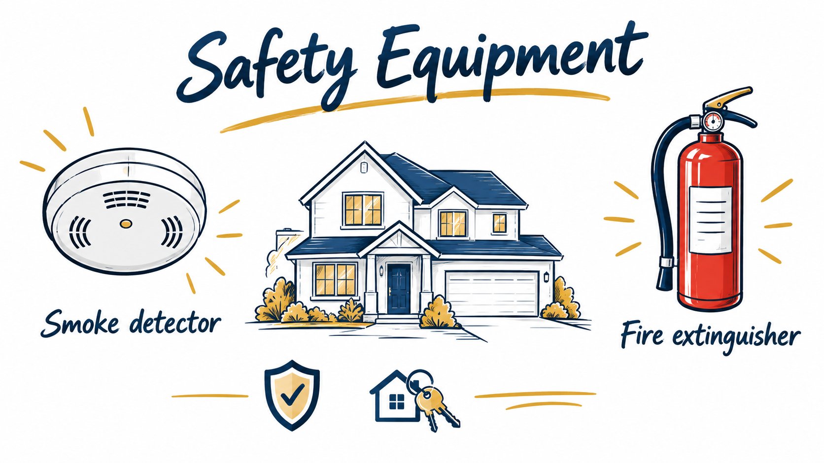 Whiteboard illustration of a smoke detector, fire extinguisher, and house