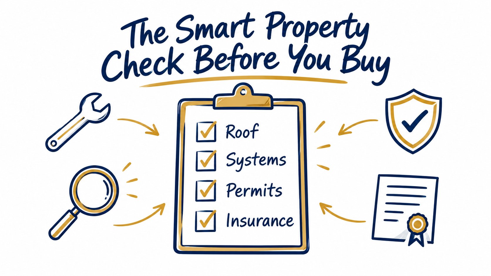 Property-review checklist for roof, systems, permits and insurance.