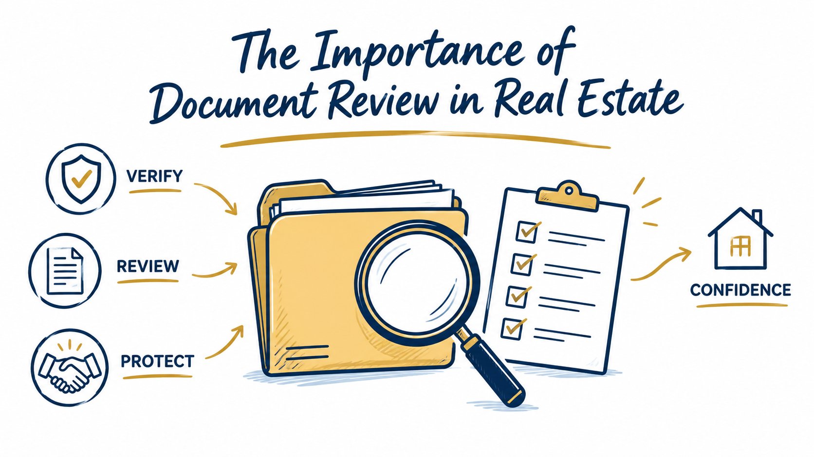 Whiteboard folder, magnifying glass and checklist for reviewing property documents.