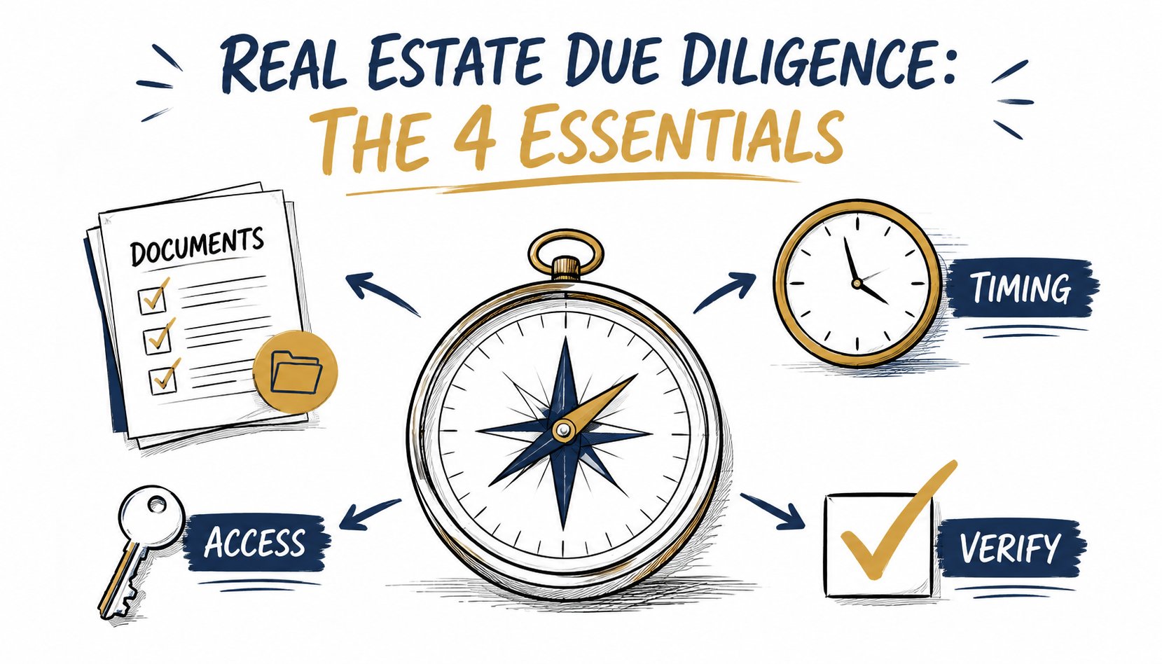 Whiteboard illustration of access-review documents, a compass, clock, key, and verification symbol.