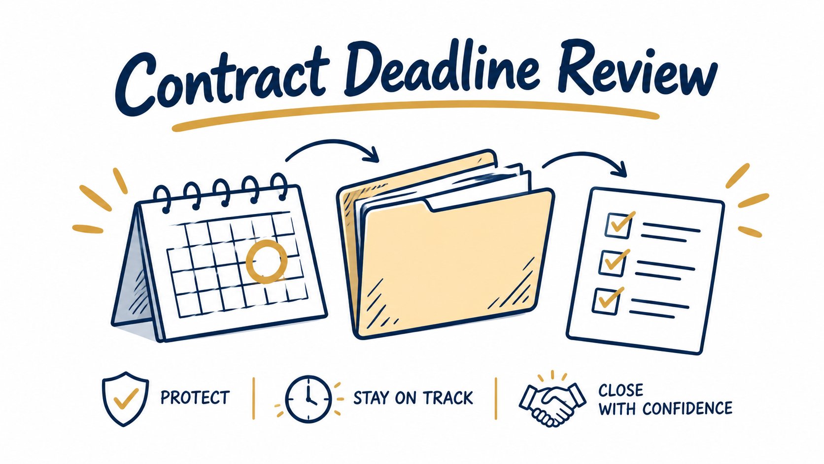 Whiteboard calendar, document folder and checklist for reviewing contract deadlines.
