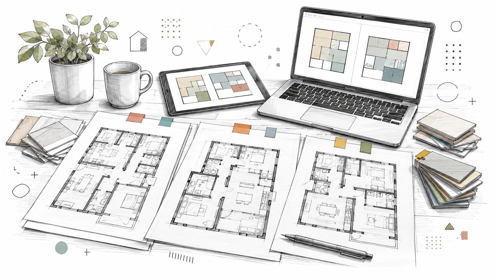 Unit layout and offer comparison materials on a desk
