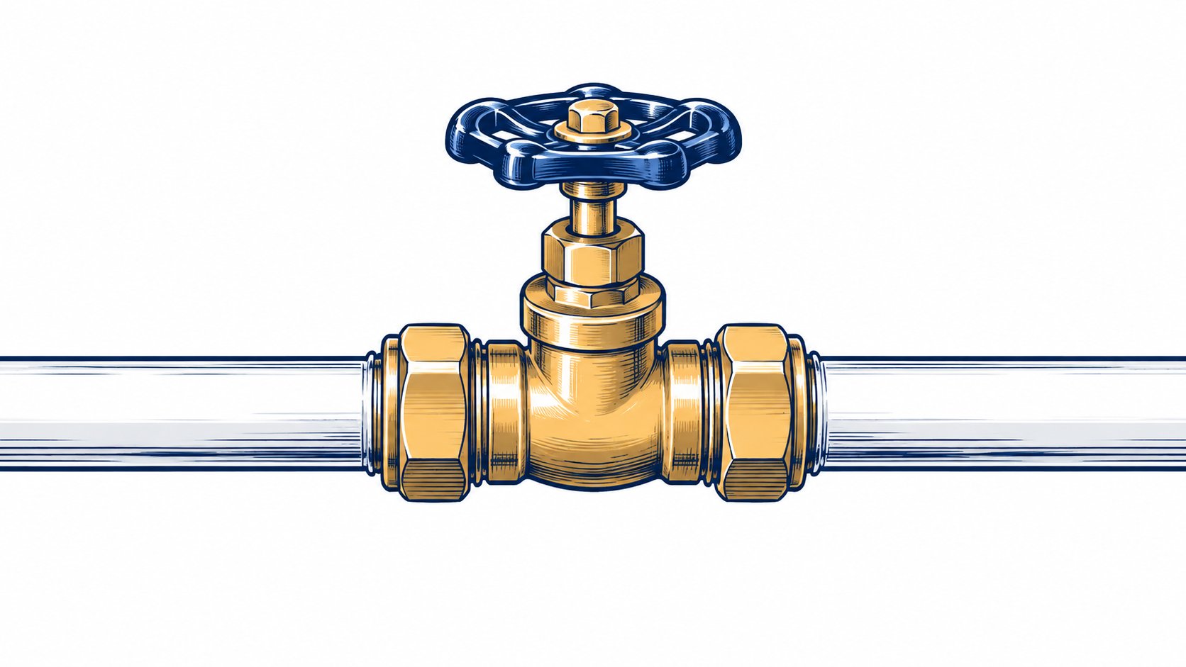 Illustrated shutoff valve between two pipe sections