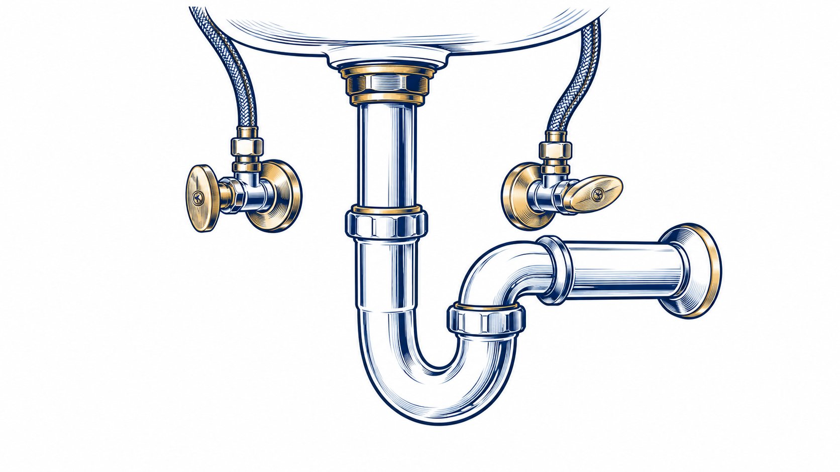 Illustrated sink drain trap and water-supply valves.