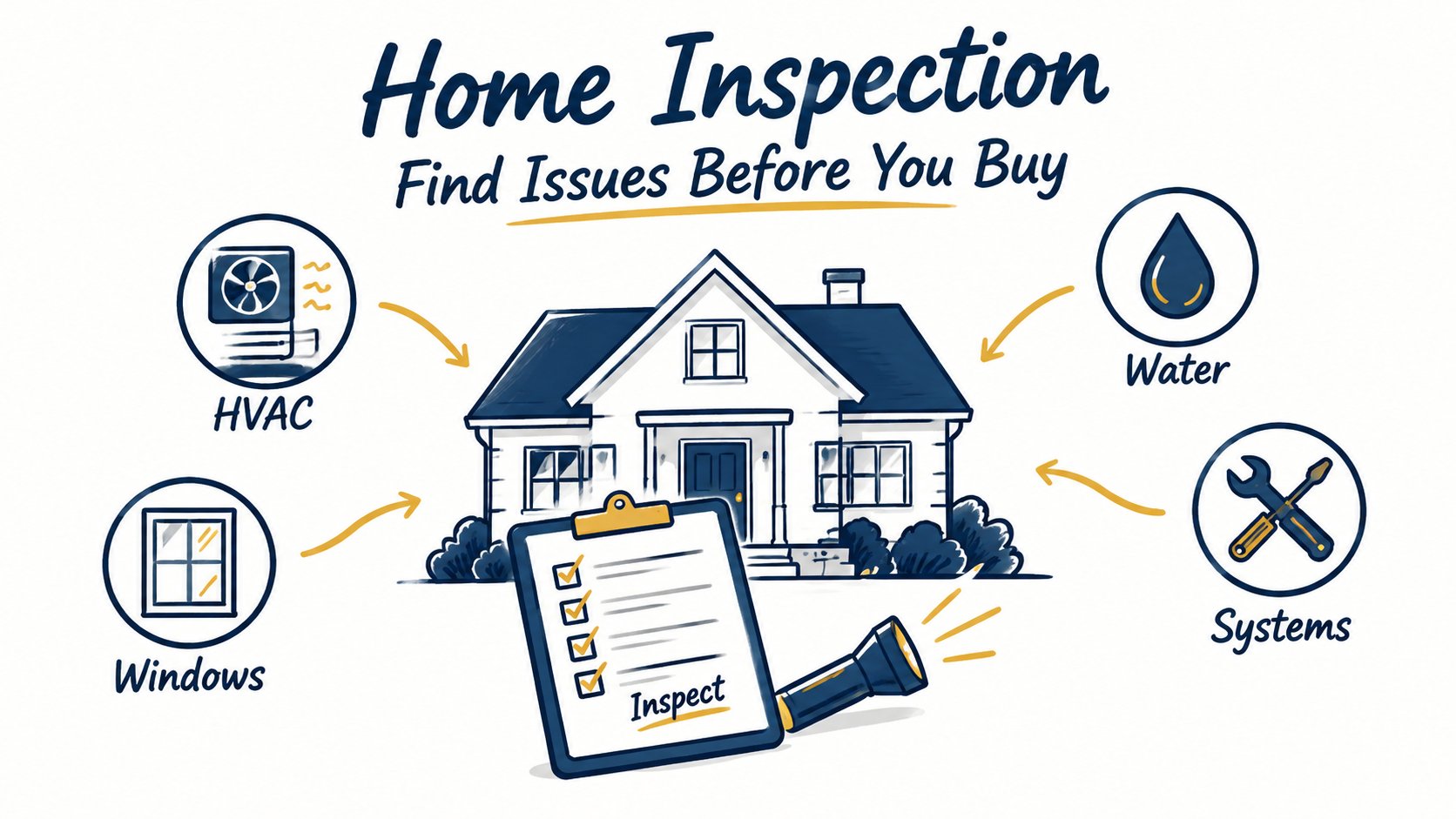 Whiteboard illustration of a home inspection checklist with HVAC, window, water, and maintenance symbols.