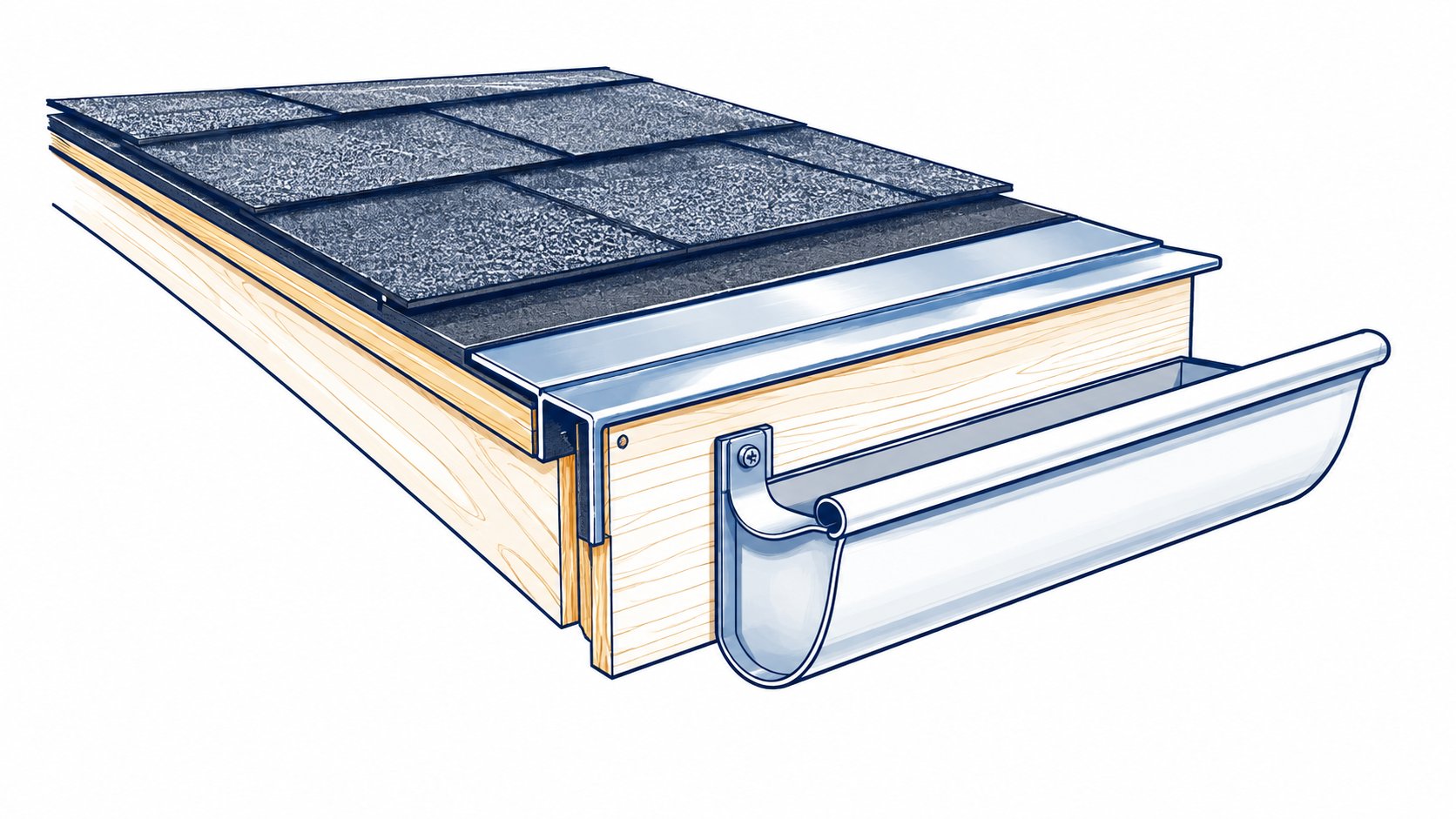 Illustrated roof-edge section with shingles, flashing, fascia and gutter.