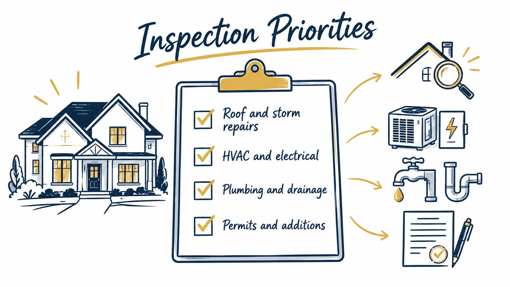 Home inspection checklist with drawn roof, HVAC, plumbing and permit symbols.