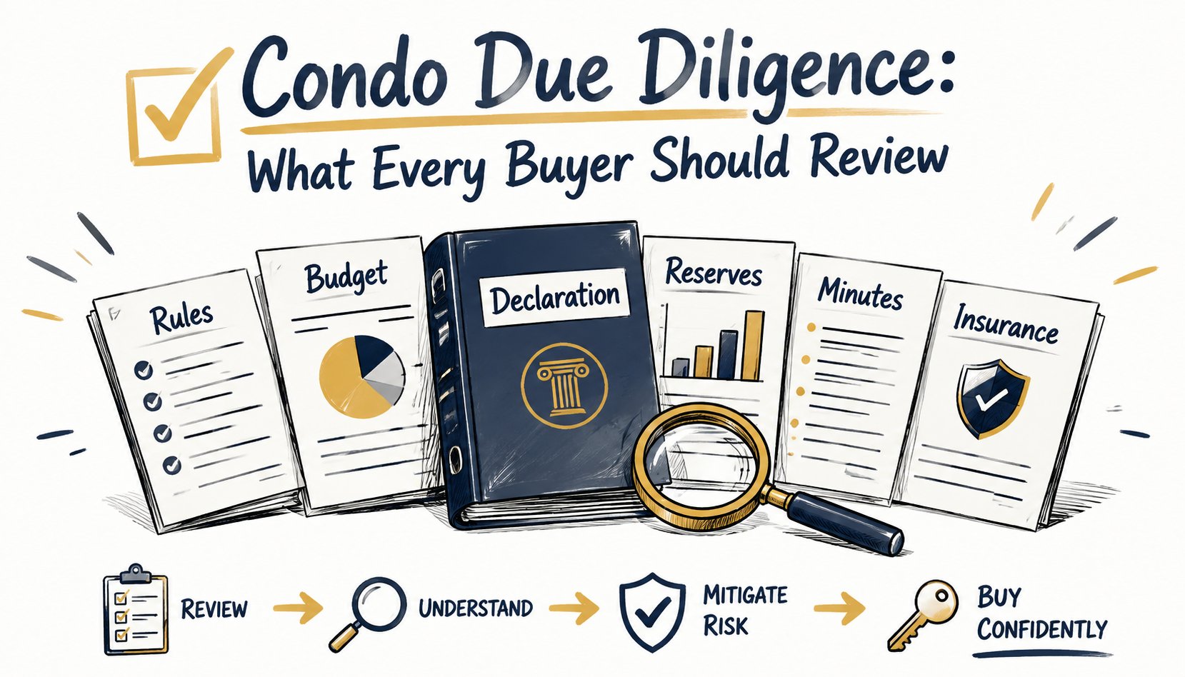 Whiteboard illustration of condo due-diligence records for rules, budget, reserves, minutes, and insurance.