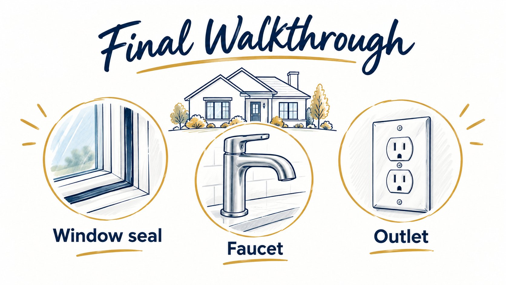 Whiteboard illustration of window seal, faucet, and outlet checks
