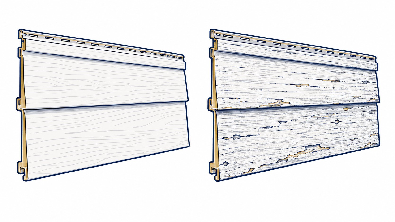 Two illustrated siding panels showing different surface wear.