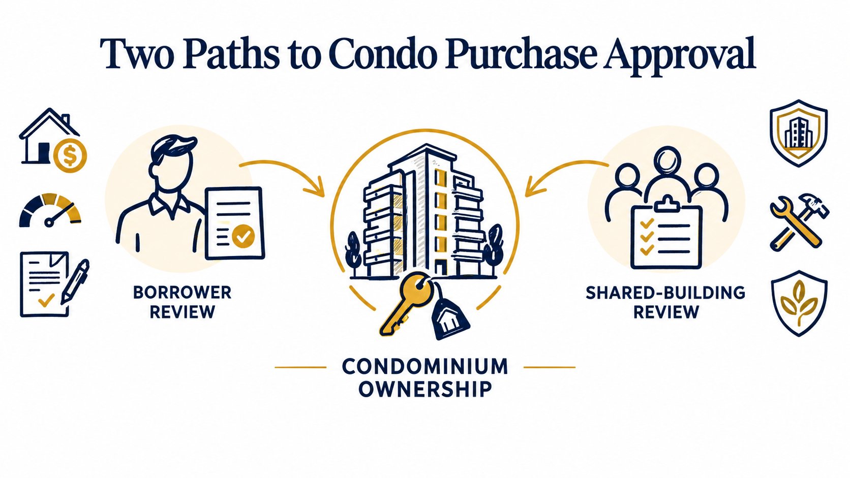 Whiteboard illustration of separate borrower and condominium reviews converging on a purchase.