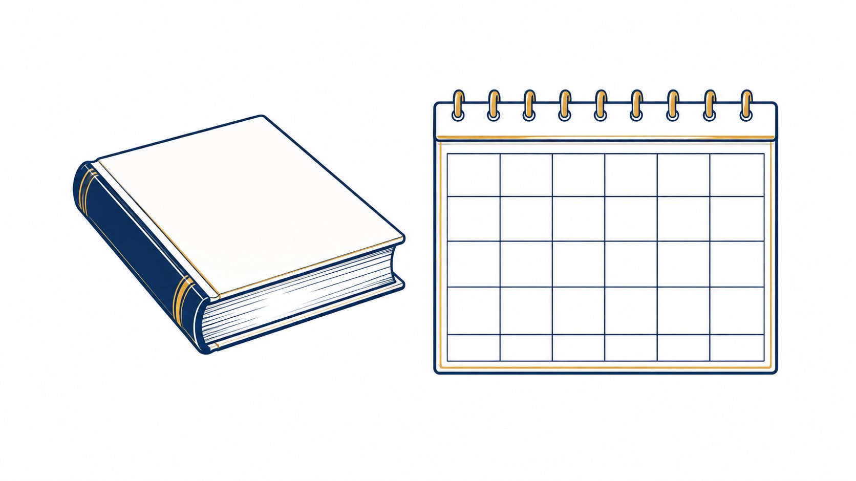 Closed book beside a blank calendar grid