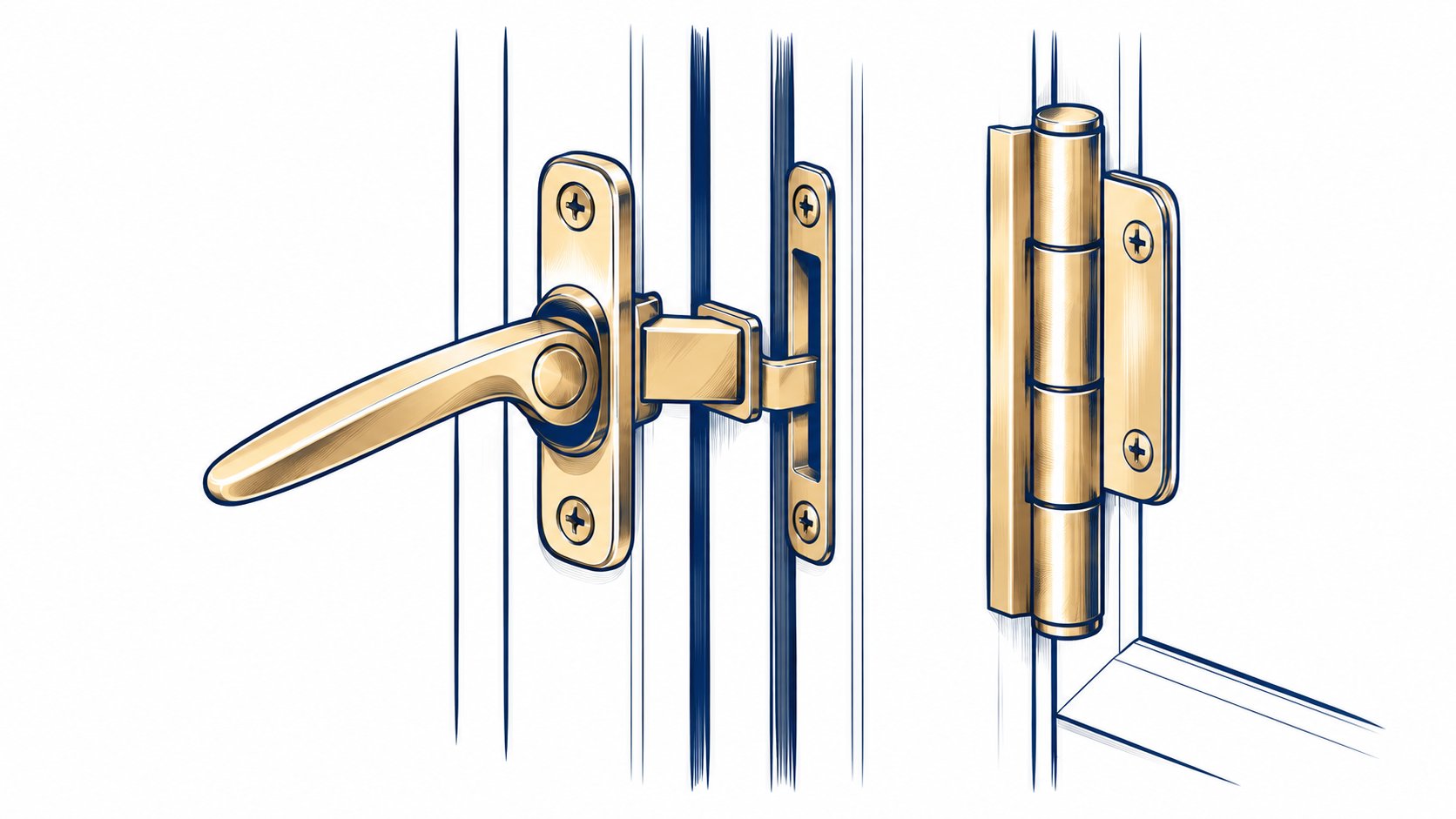Illustrated latch and hinge hardware.