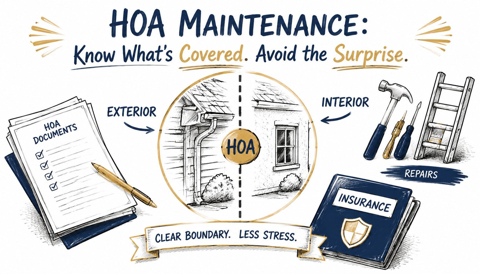 Whiteboard illustration of HOA maintenance boundaries with documents, exterior and interior repairs, and insurance.