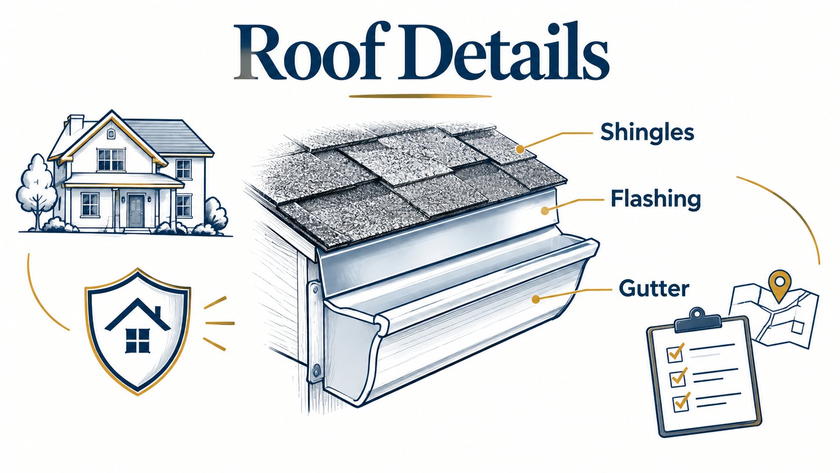 Whiteboard diagram of roof shingles, flashing, and a gutter