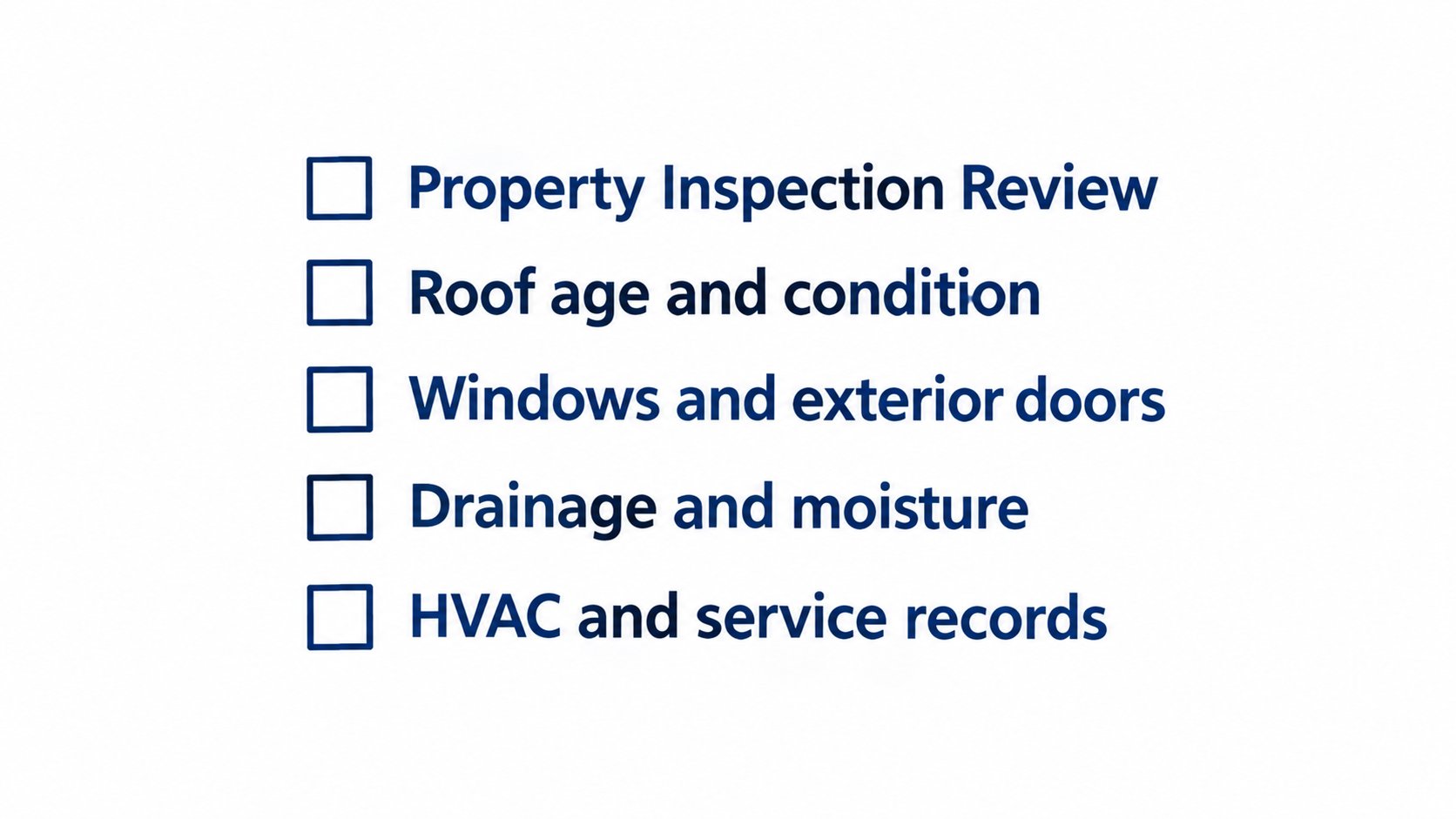 Property inspection checklist covering the roof, windows, doors, drainage, moisture and HVAC records.