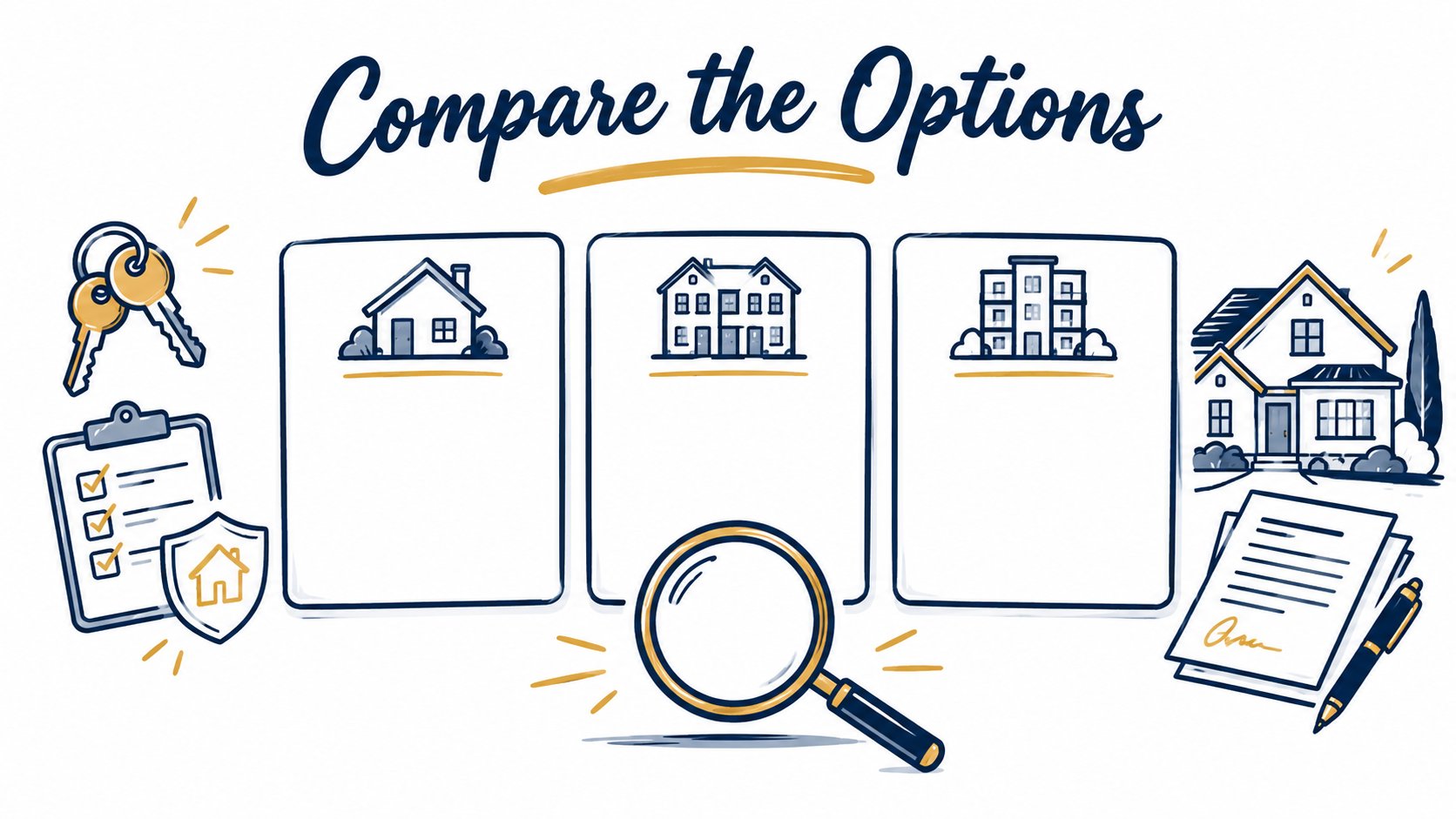 Three illustrated comparison cards with generic property symbols and a magnifying glass.