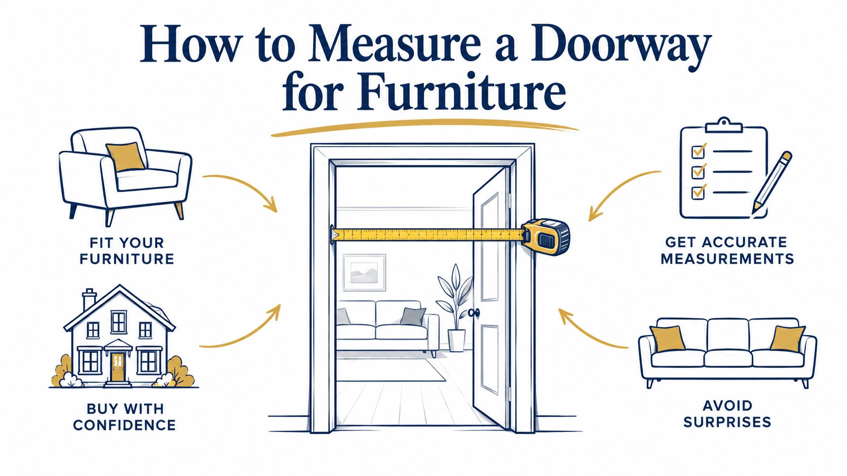 Tape measure across an interior doorway with furniture-measurement reminders.