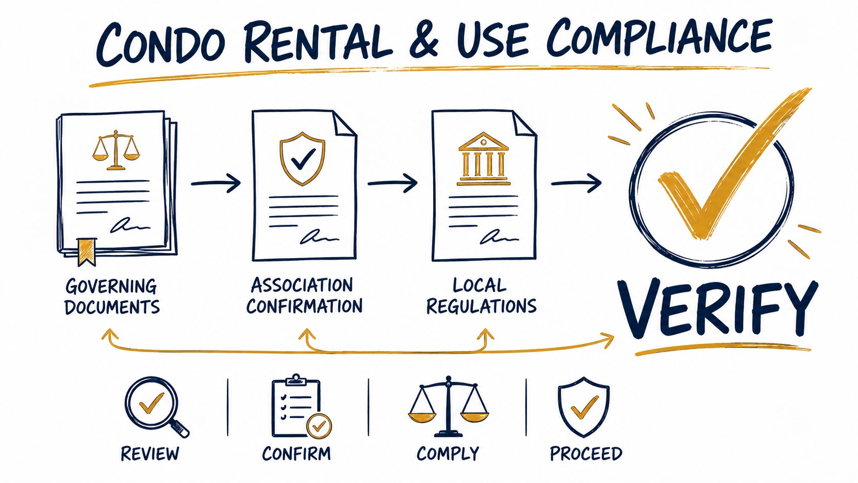 Whiteboard illustration of rental-use compliance verification through governing documents, association confirmation, and local regulations.