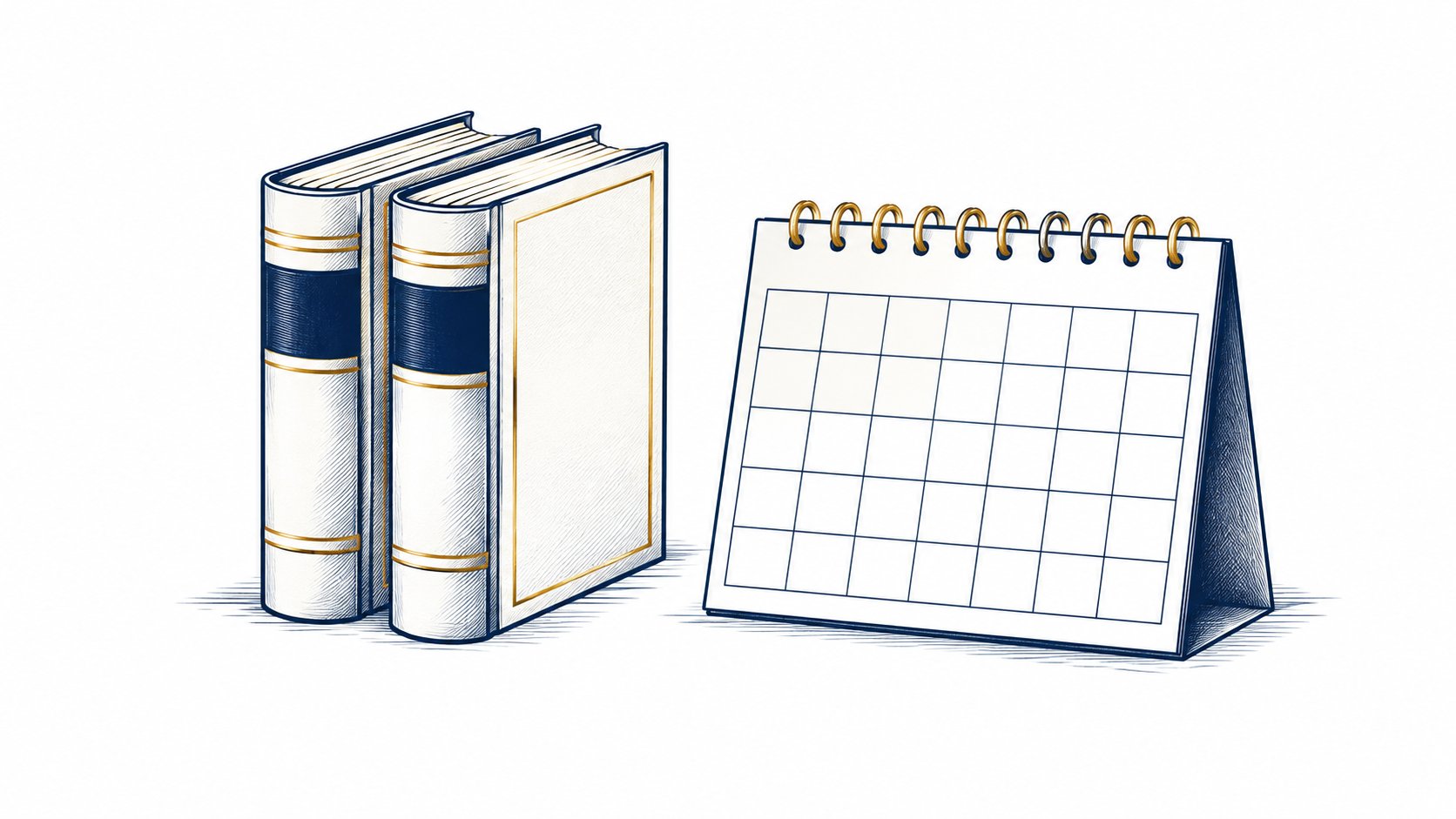 Two plain books beside a blank calendar grid.