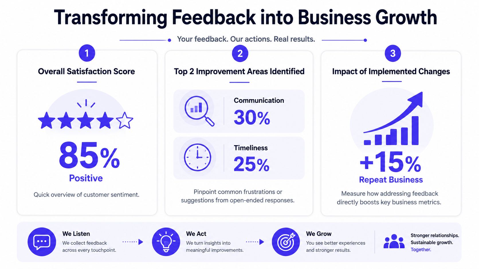 An infographic illustrating how customer feedback surveys drive business growth through actionable insights and improvement metrics.