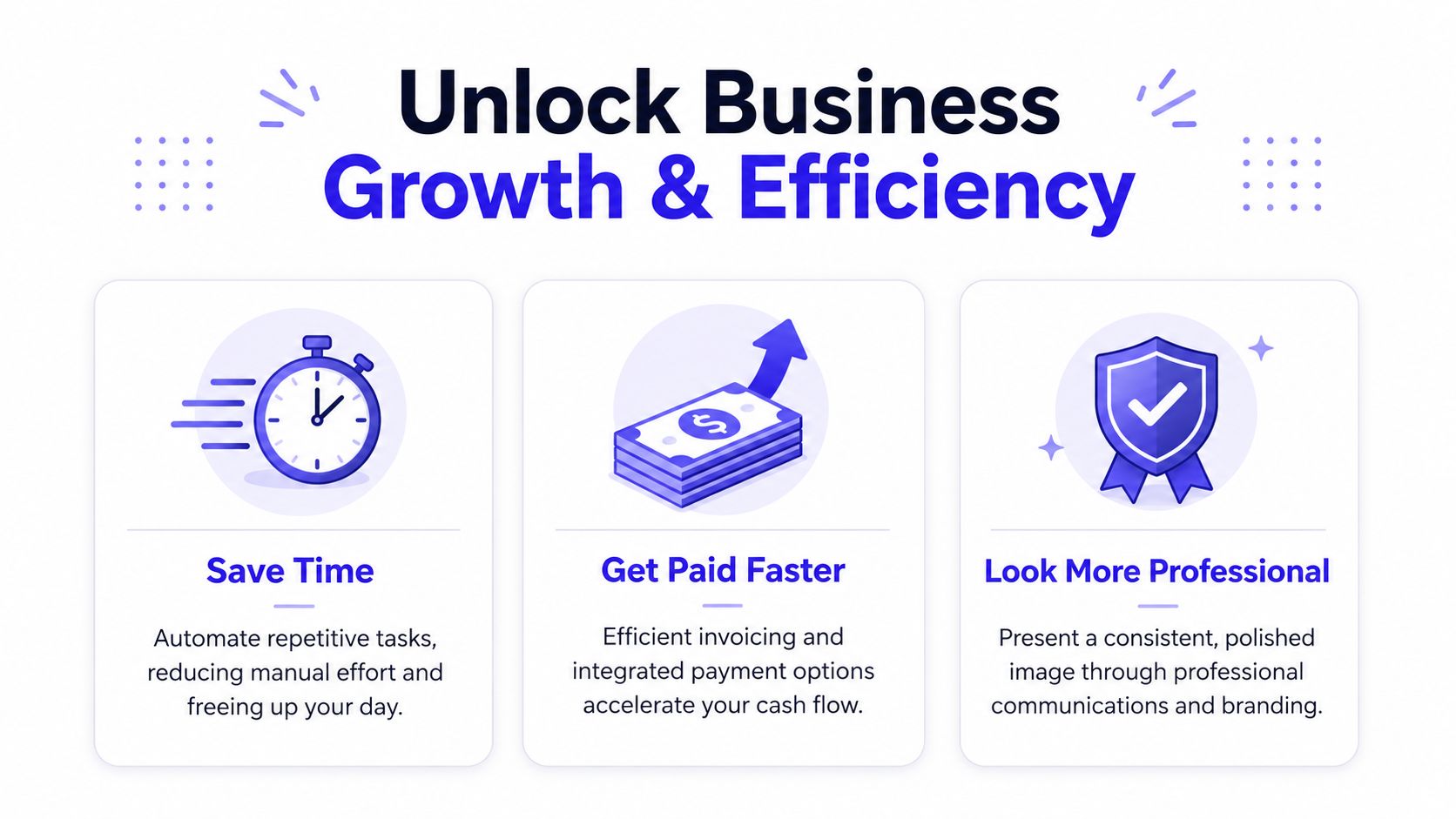 An infographic showing how service business management software saves time, improves cash flow, and increases professionalism.