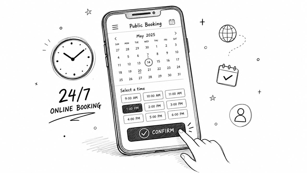 A hand tapping the confirm button on a smartphone screen showing a 24/7 online booking interface.