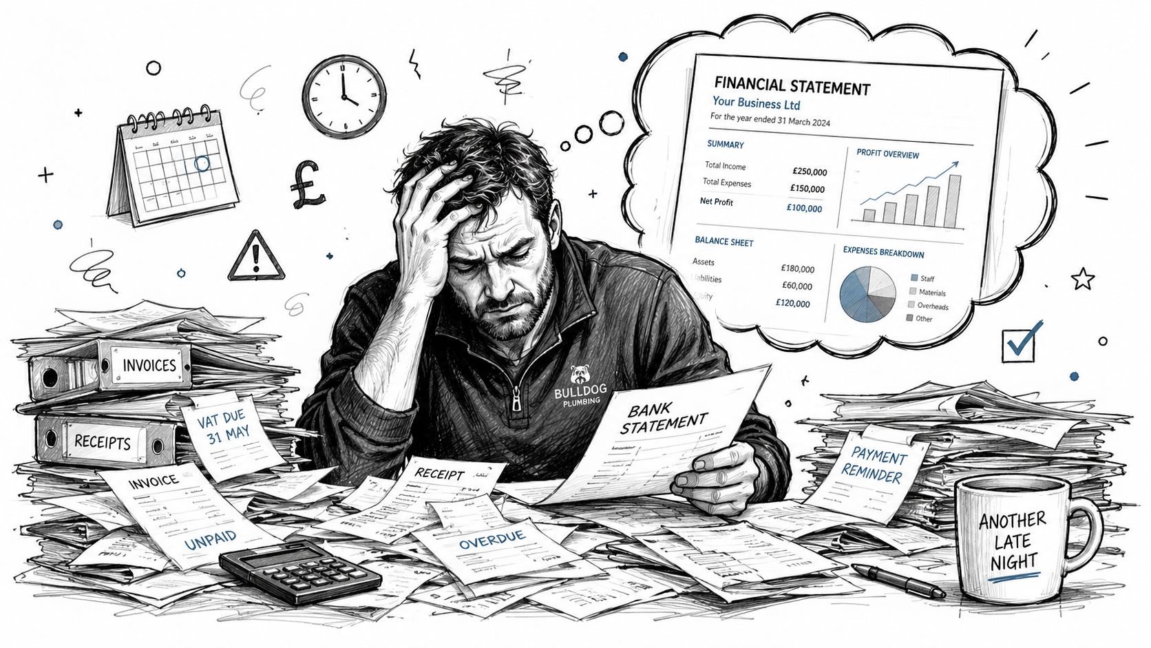 A stressed plumber sits at a desk covered in paperwork, reflecting on financial statements and late-night bookkeeping.