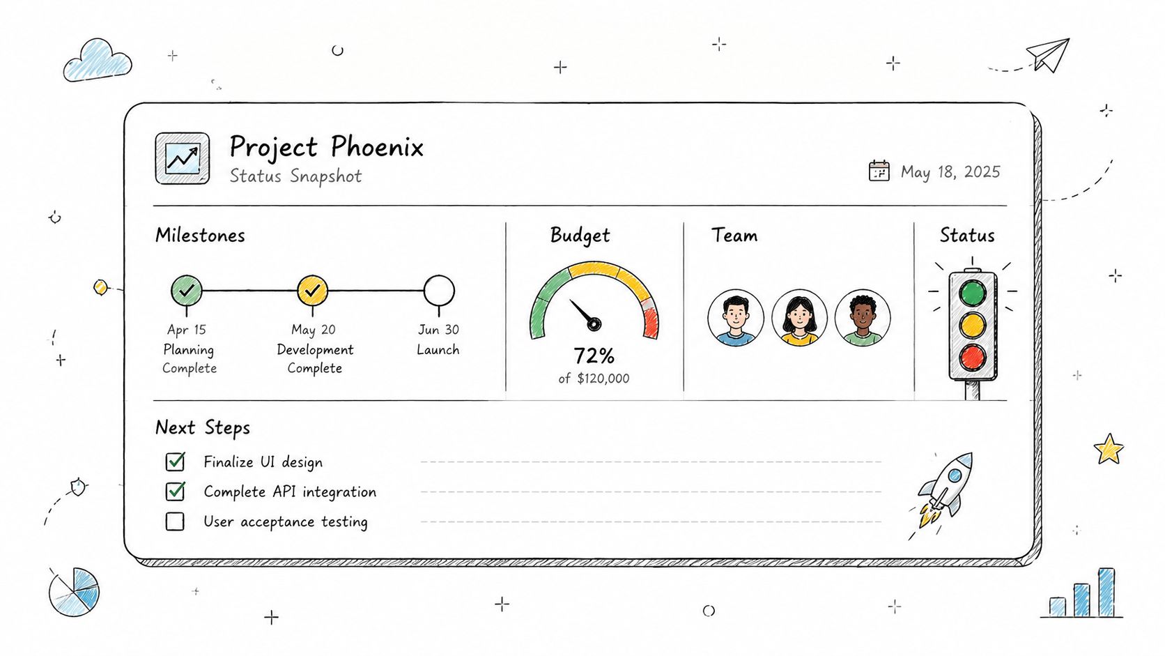 A hand-drawn illustration of a project management dashboard for Project Phoenix showing milestones, budget, and team status.