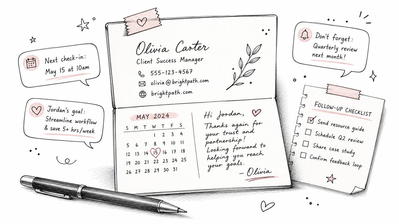 A hand-drawn business planner featuring contact details for Olivia Carter and a May 2024 monthly calendar.