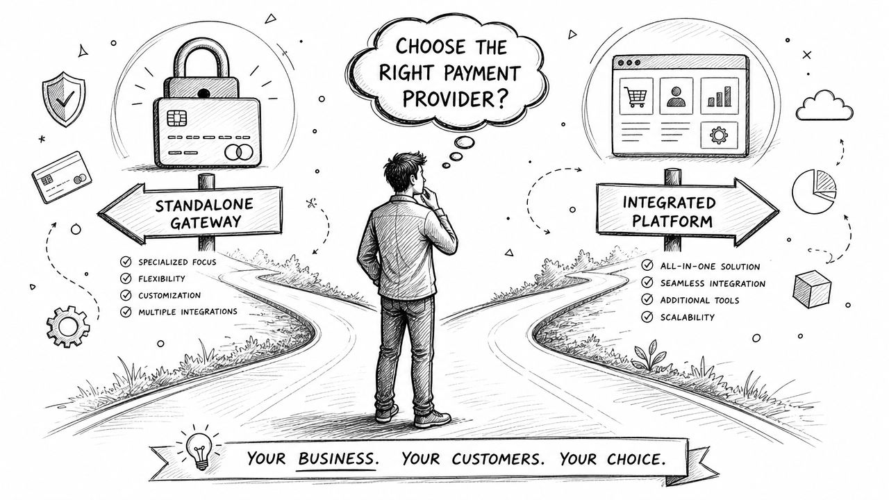 A person standing at a crossroads choosing between a standalone payment gateway and an integrated platform.